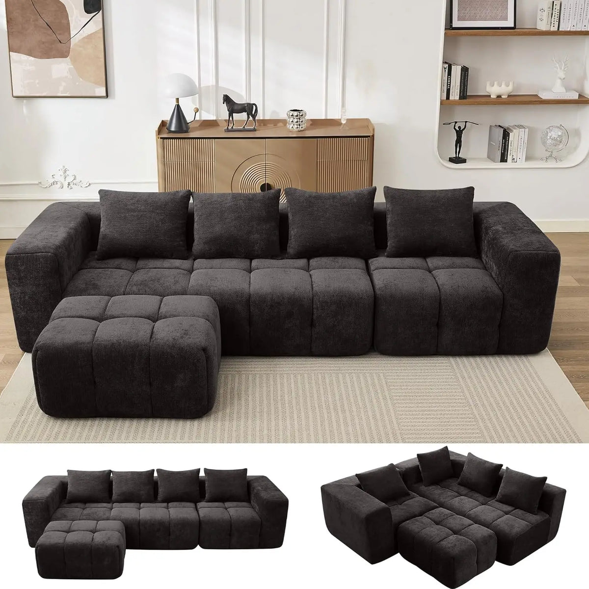 U-Shaped Sectional Sofa, Convertible Modular Couch with Double Chaise, 4-Seater Living Room Furniture, Black
