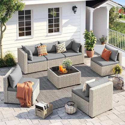 Outdoor Patio Furniture Set, 7-Piece PE Wicker Sectional Sofa with Tea Table, Outdoor Conversation Set for Patio,
