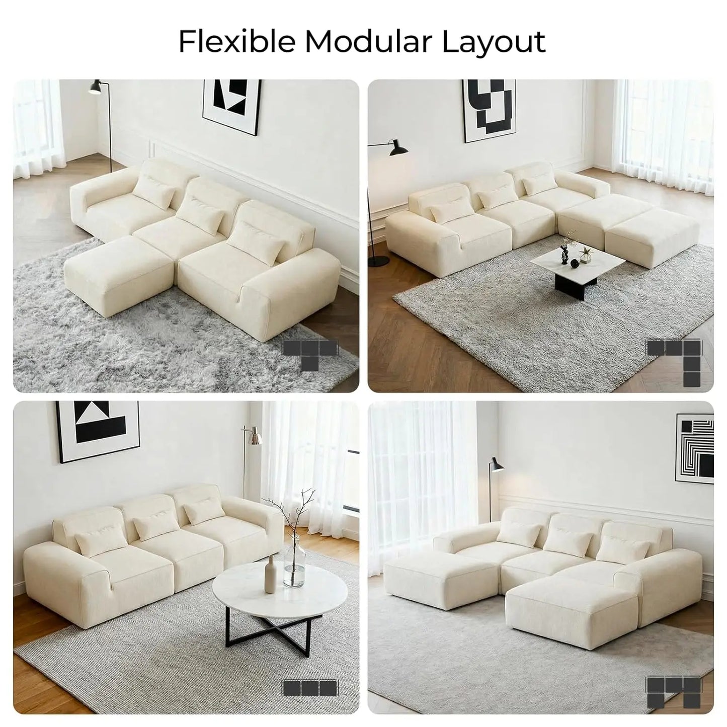 110" L Shaped Modular Cloud Couch Sectional – Boneless 3-Seater Sofa with Ottoman for Living Room Bedroom and, Customized