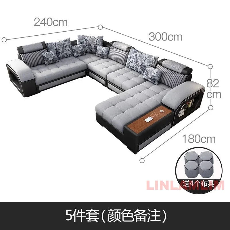 MANBAS U-Shaped Sectional Fabric Sofa Set - Modern Living Room Furniture with Storage, Built-in Side Tables, USB, and Cushions