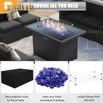 Furniture Set with 44" Propane Gas Fire Pit Table, Outdoor Sectional Conversation Set Wicker Rattan Sofa Set with Coffee Table
