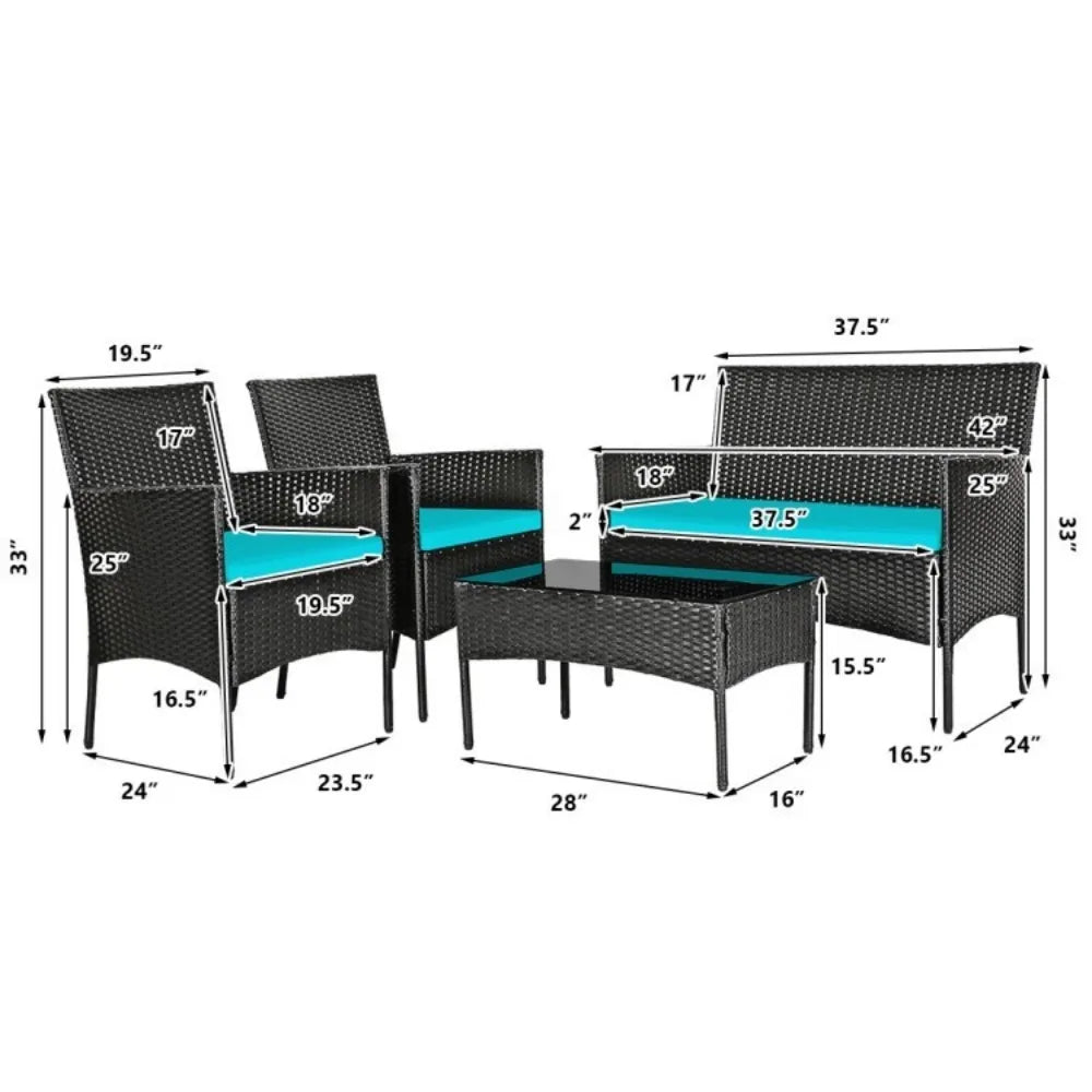 4 Pcs Patio Rattan Cushioned Sofa Furniture Set With Tempered Glass Coffee Tabl