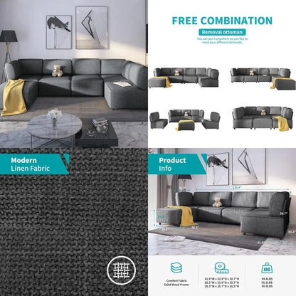 U-Shaped Modular Sectional Sofa with Ottoman, 6-Seat Oversized Couch for Living Room, Deep Seating Sleeper Sofa