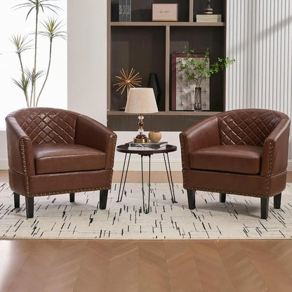 PU Barrel Chair Set of 2 Living Room Chair, Upholstered Sofa Club Chair Set with Nail-Heads and Solid Wood Legs for Bedroom, Off