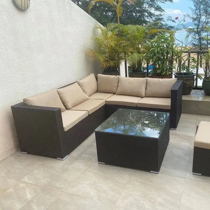 Rattan Garden Furniture Set, Outdoor Corner Sofa Couch, Handwoven Rattan Patio Conversation Set, Cushions and Glass Table