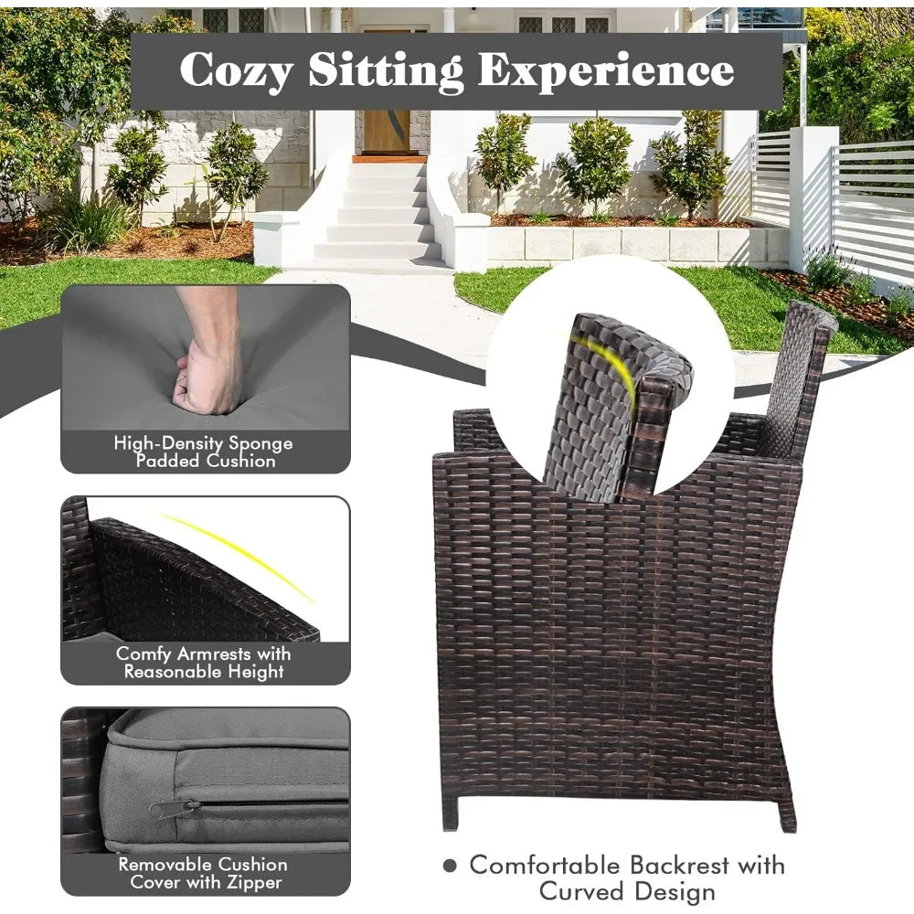 3 Piece Outdoor Bistro Set, PE Wicker Patio Conversation Set with Side Storage Table with Door, Soft Cushions and Pro