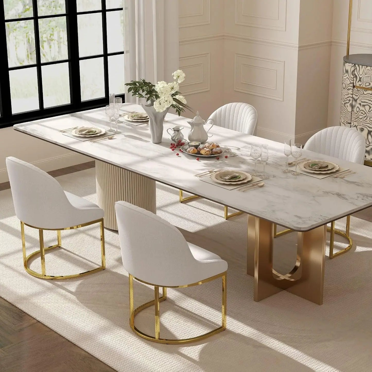 White Chenille Upholstered Dining Chairs Set of 4, Modern Dining Chair with Gold Legs, Kitchen Room Chairs Open Back Barrel Dini