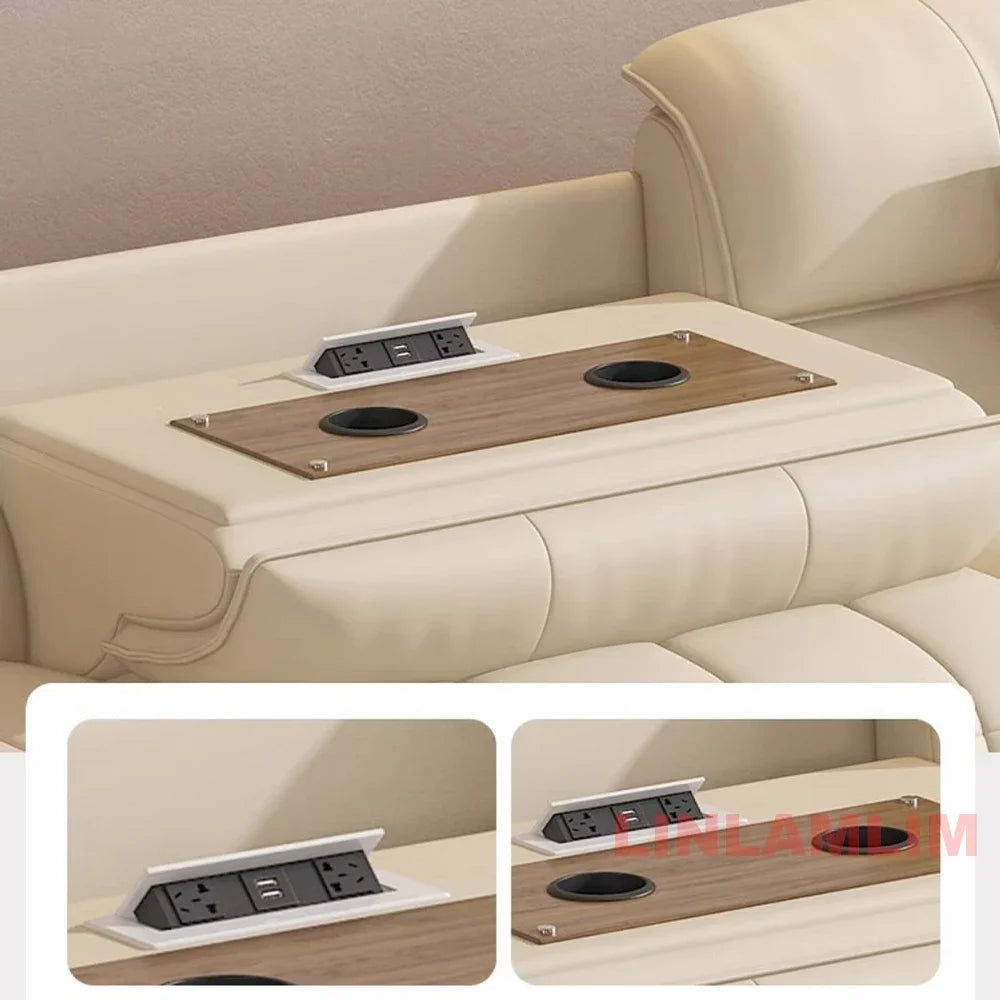 Modern Electric Reclining Sofa with Adjustable Footrest, USB, and Foldable Center Console – Italian Genuine Leather Power Sofa
