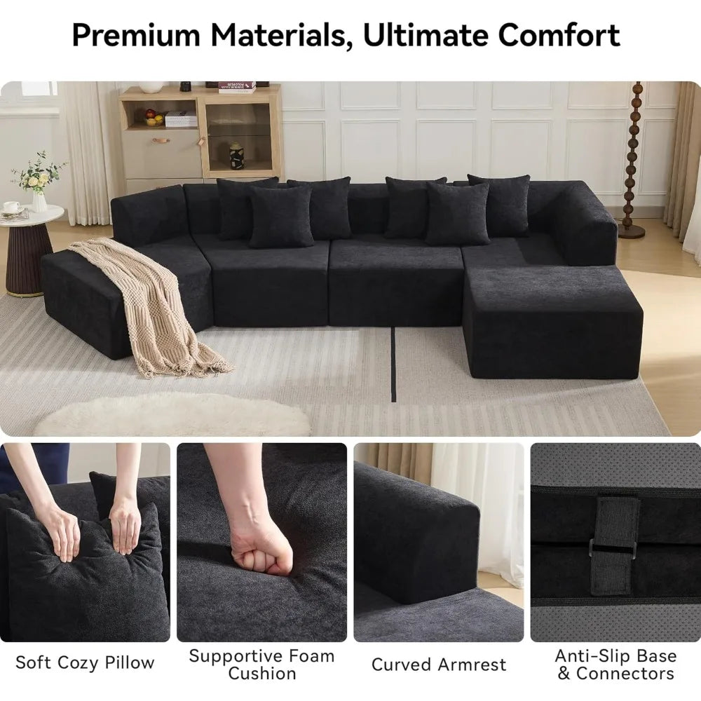 140'' Oversize Cloud Velvet Curved Sectional Couch L-Shape Chaise Boneless Sofa Upholstered with Compression Memory Foam