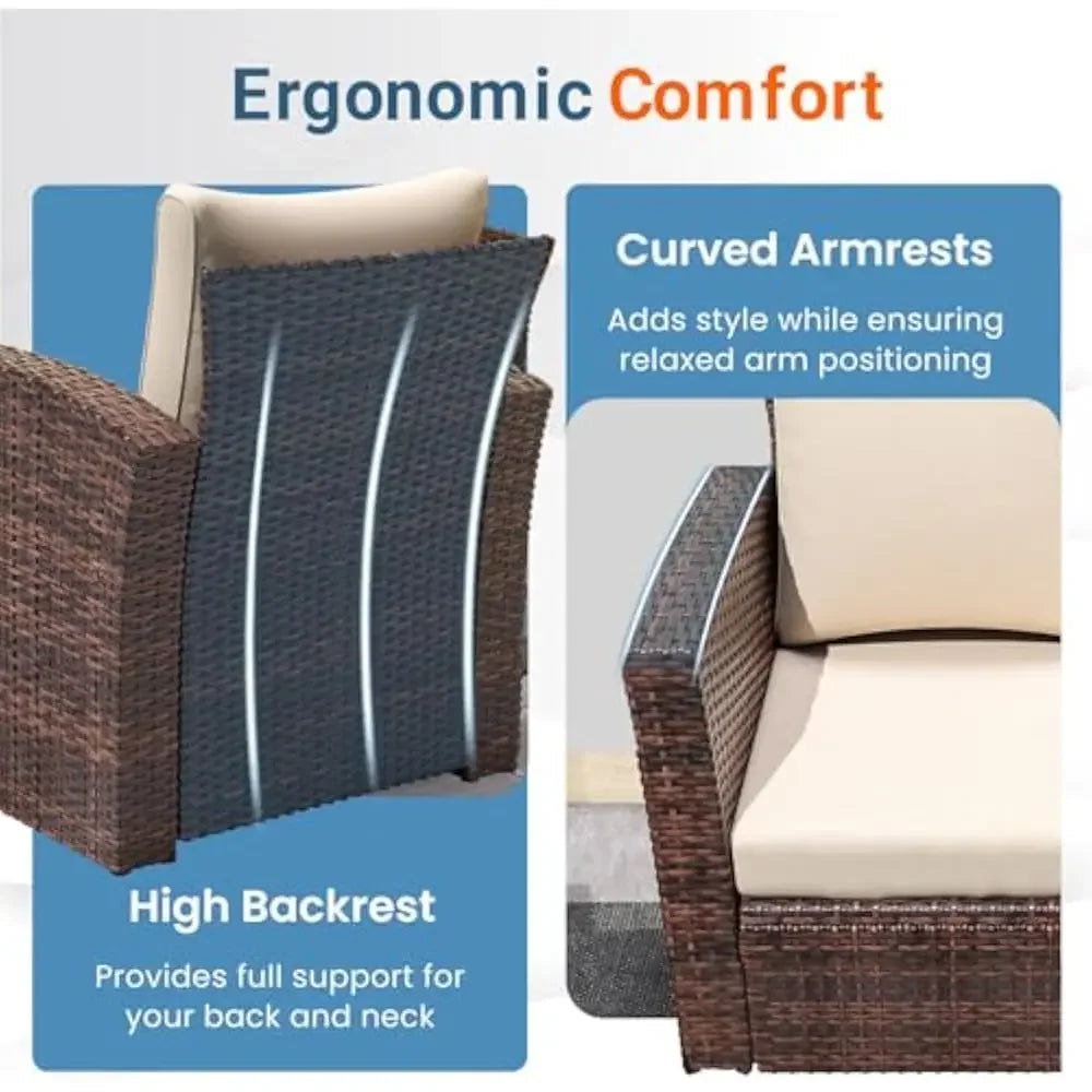 4 Piece Patio Furniture Set, Wicker Outdoor Patios Conversation Furniture Set, Outdoor Patio Sofa with Cushion and Glass Table