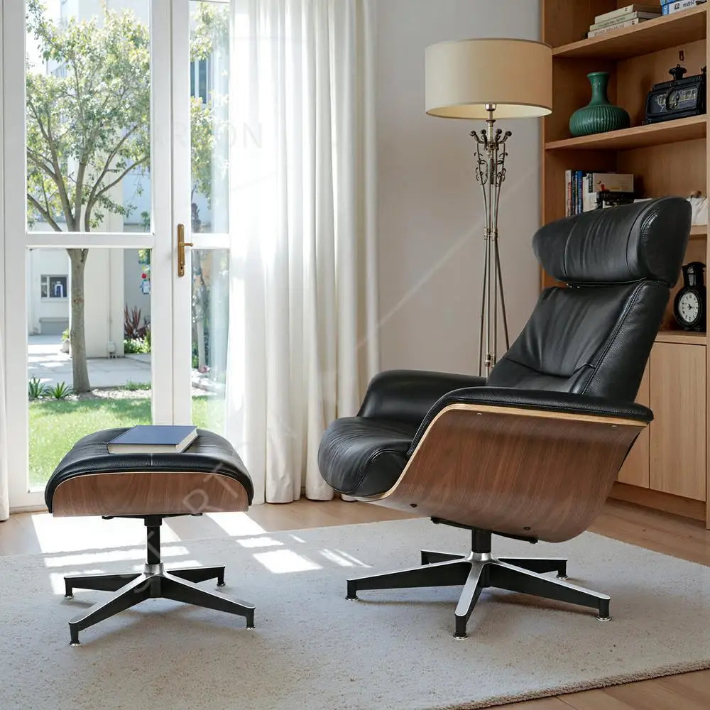 Modern Reclining Swivel Lounge Chair, With Walnut Black Genuine Leather, Ottoman Included