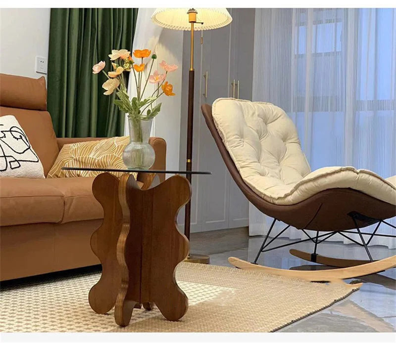 Table d'appoint de luxe légère en bois massif, Tables basses en verre nordique pour meubles de salon, Table d'angle pour petit appartement