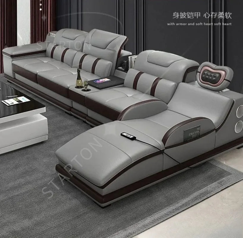Italian Sofa with Bluetooth, Speaker, Functional Headrest, Massage Chaise | Big Corner Couch
