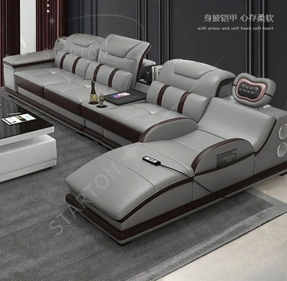 Italian Sofa with Bluetooth, Speaker, Functional Headrest, Massage Chaise | Big Corner Couch