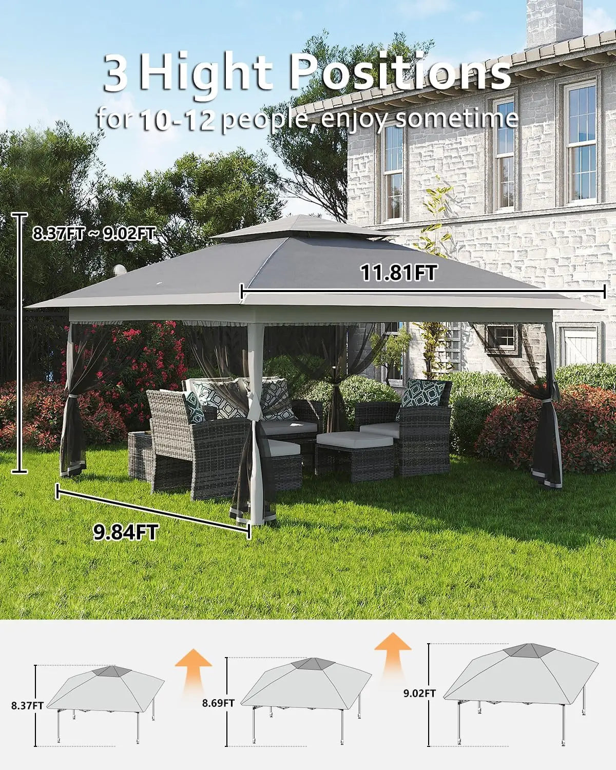 12x12FT Outdoor Canopy Tent, Height Adjustable Pop Up Gazebo With Mosquito Net & 4 SandBags For Backyard Party Camping