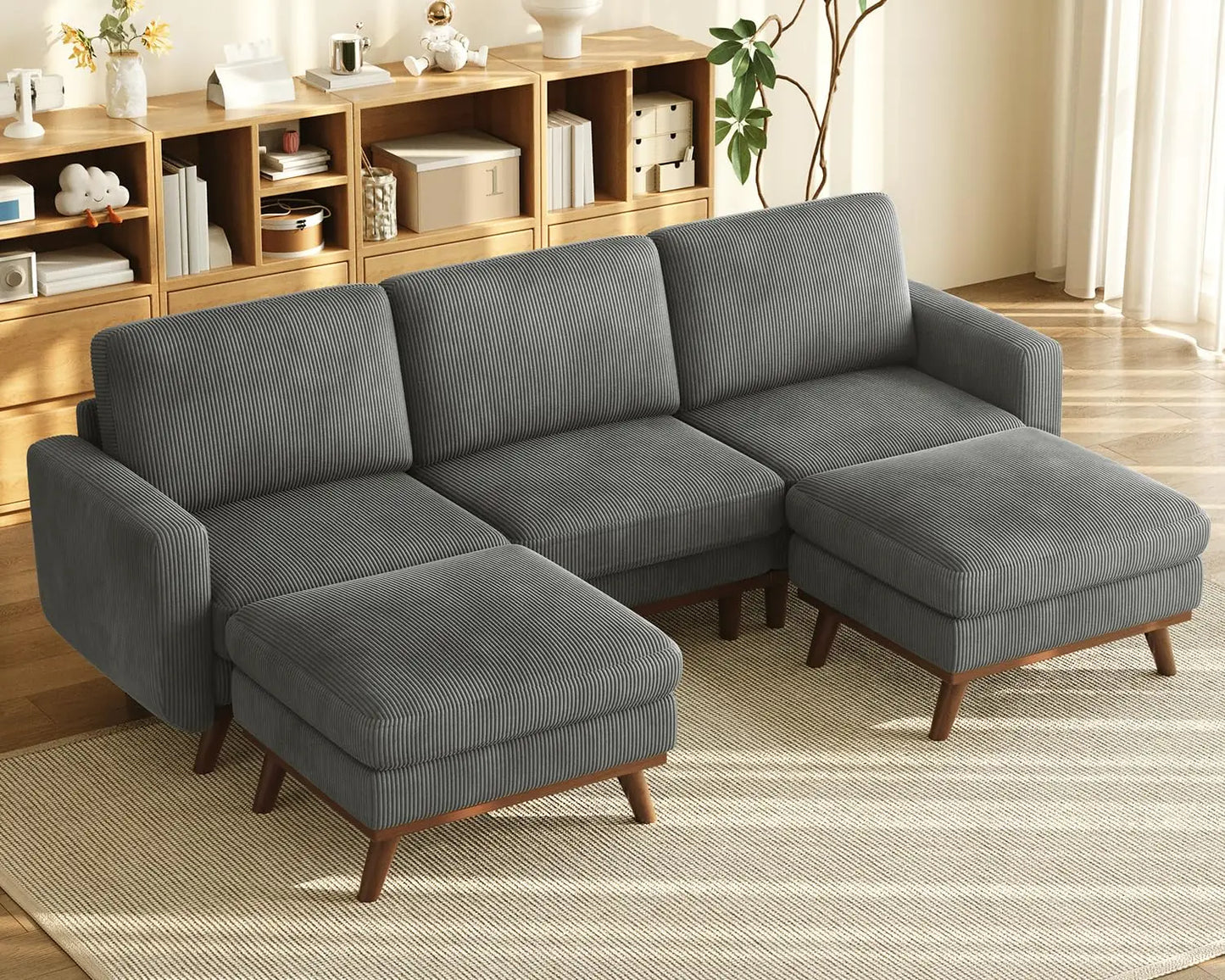 97" L-Shape Modular Sofa, 3-Seat Corduroy Couch with Movable Ottoman, Sectional Sofa for Living Room, Green, Customized