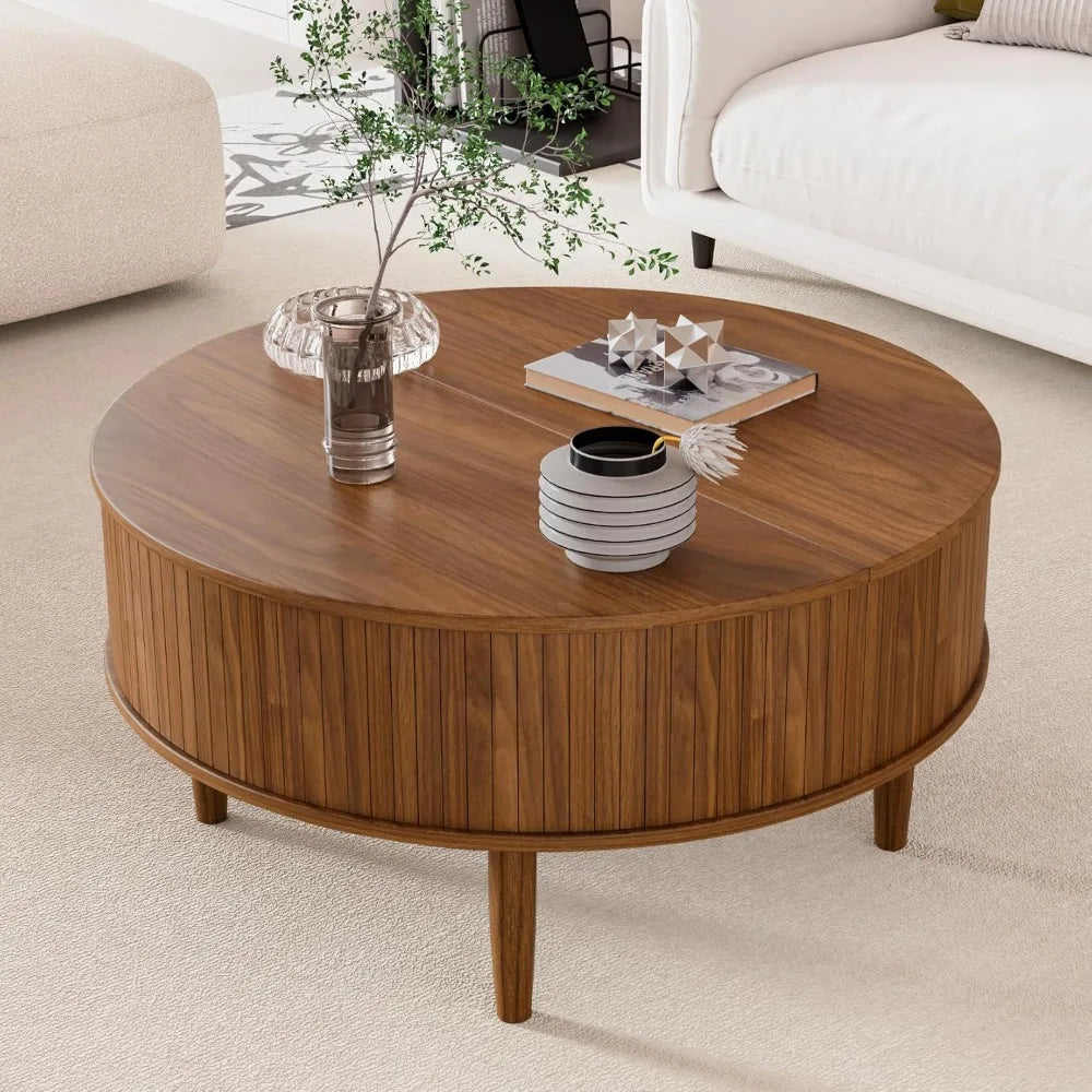 Round trough lift top coffee table with storage space, medieval modern living room coffee table, small family space