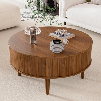 Round trough lift top coffee table with storage space, medieval modern living room coffee table, small family space