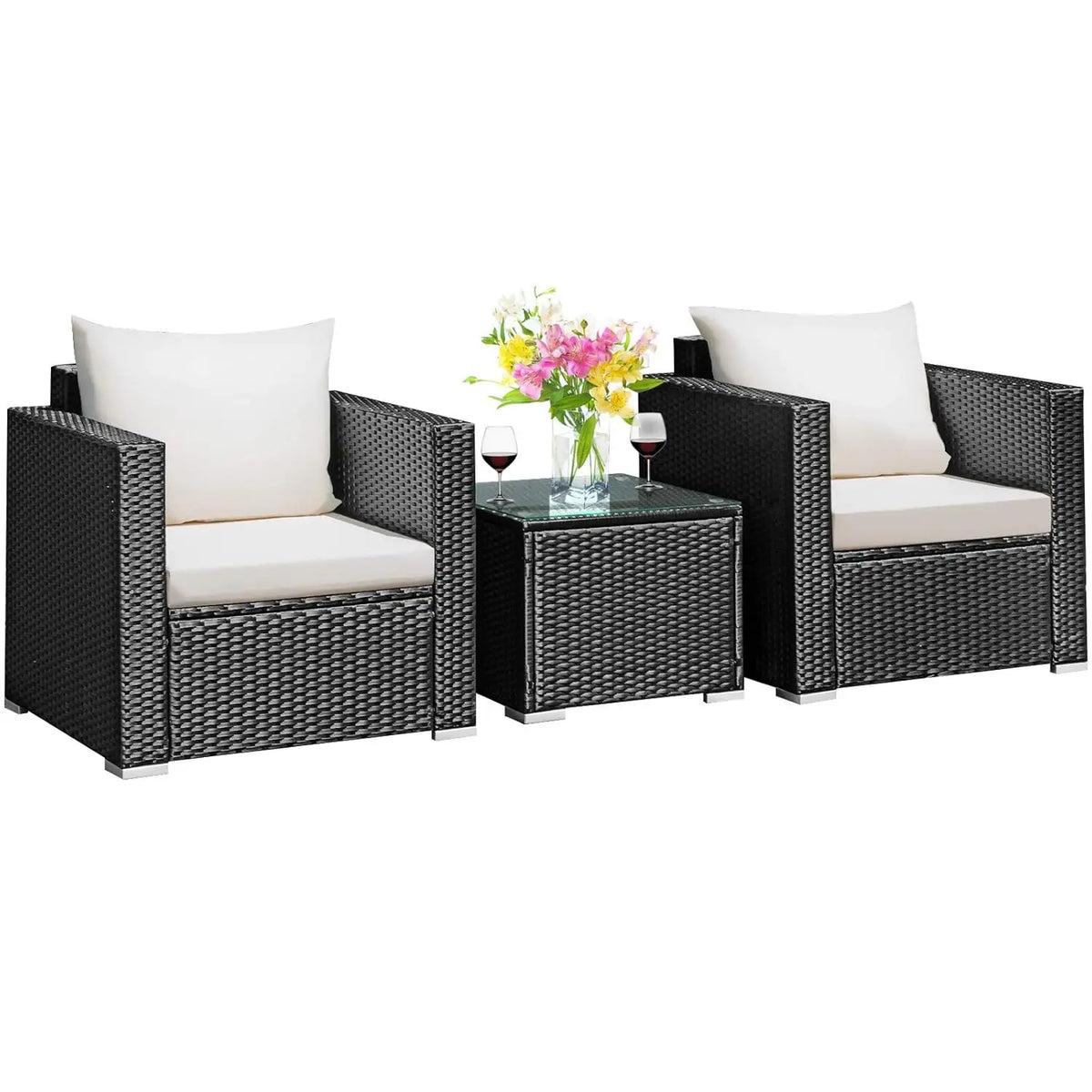 3 Pieces Patio Furniture Set, Outdoor Conversation Rattan Furniture Set w/Washable Cushion and Tempered Glass Tabletop, PE Ratta
