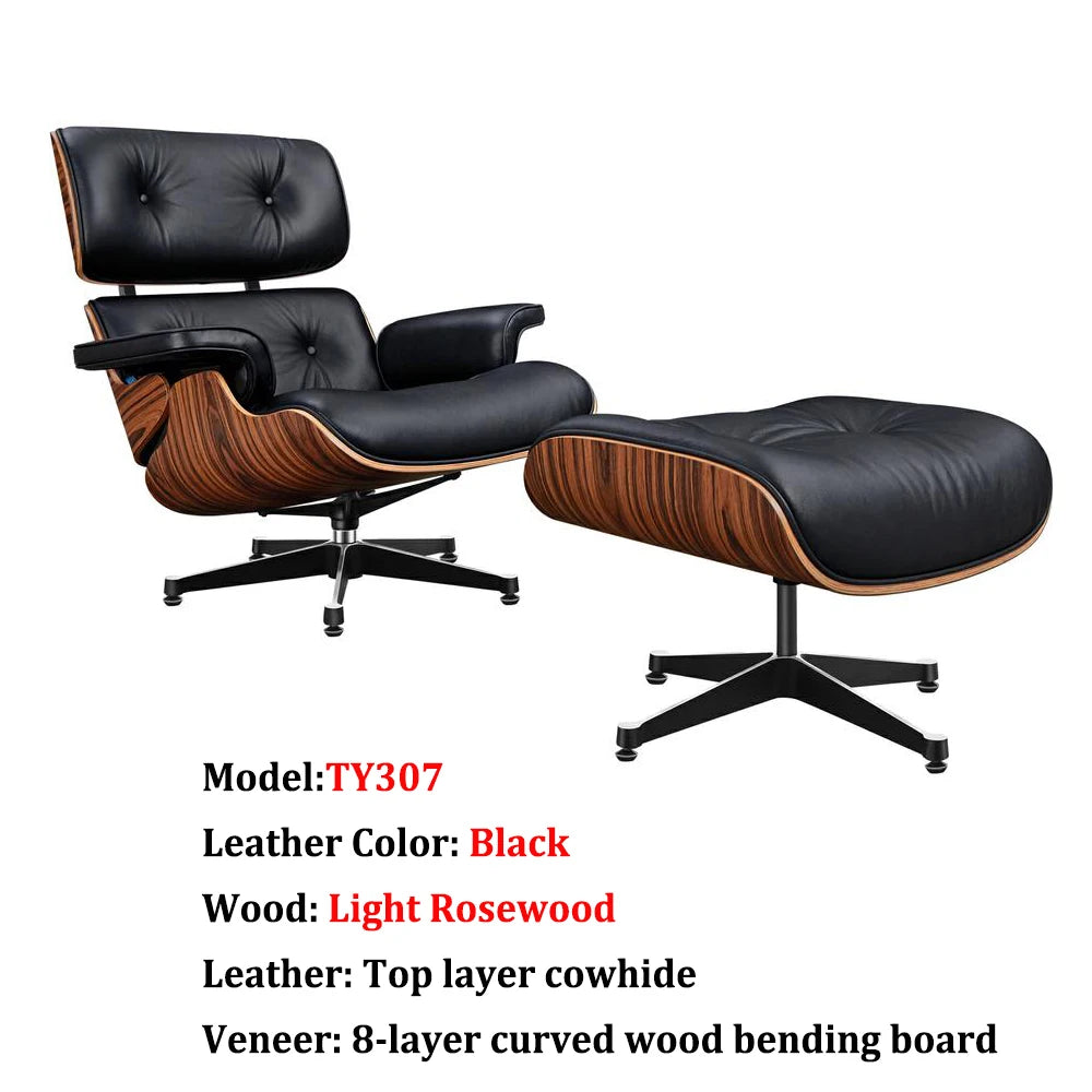 Replica Mid Century Tall Size Chaise Genuine Leather Lounge Chair With Ottoman Black Walnut and Palisander Living Room Chairs