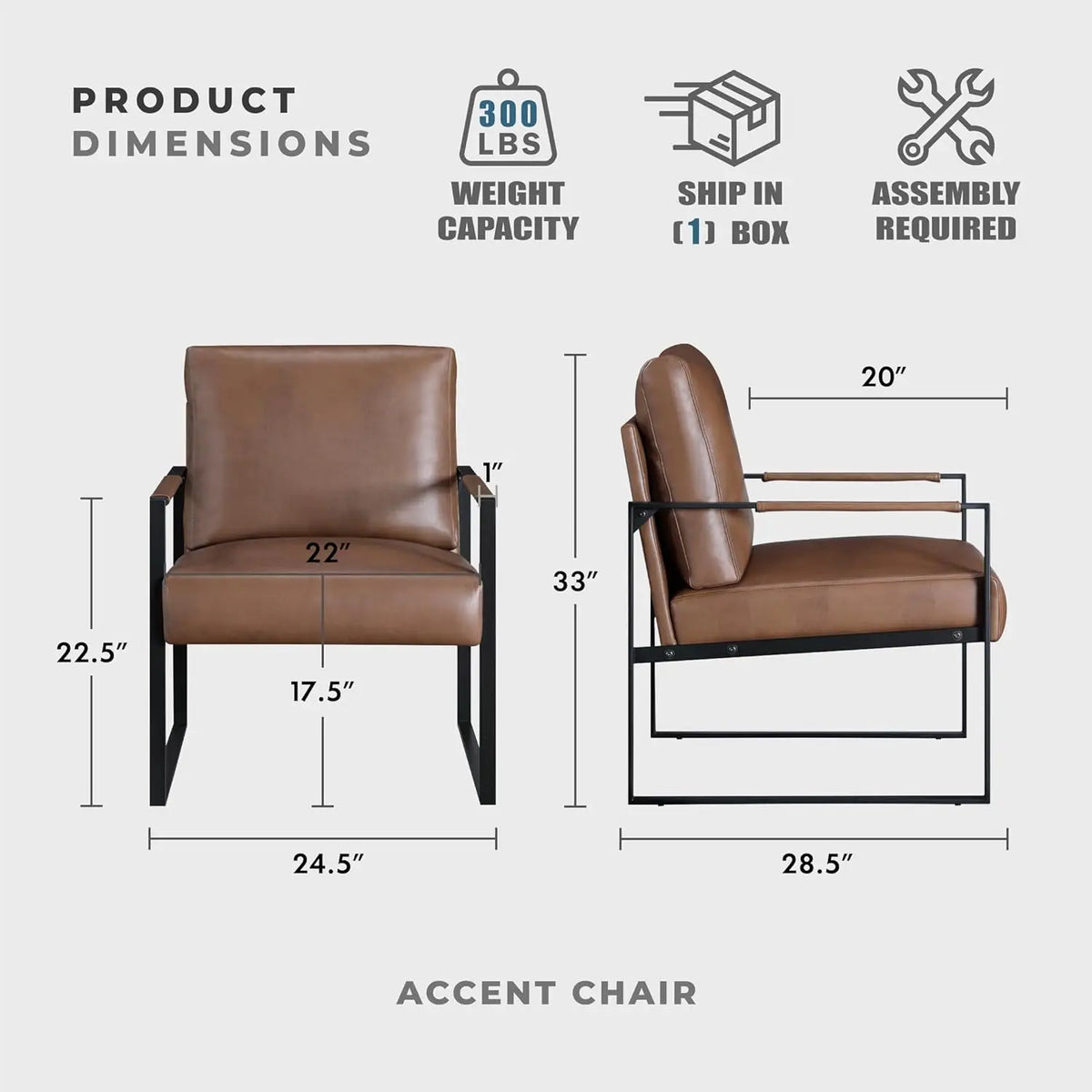 Modern Accent Chair, Faux Leather Upholstered Living Room Chair with Wrapped Armrests, Arm Chair with Black Metal Frame,