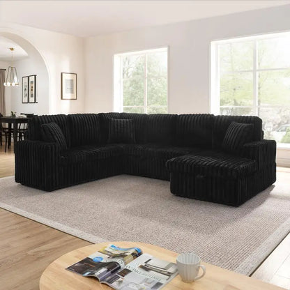 Modern Minimalist U-shaped Corduroy Striped Sofa with Pull-out Bed & Storage Chaise, Soft Black Couch for Stylish Living Room,