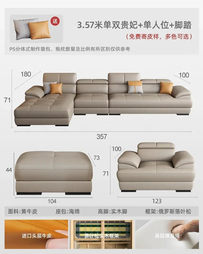 Nordic leather sofa with cowhide top layer, simple modern size, living room, Italian minimalist cream style leather sofa