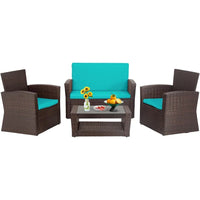 4 Piece AllWeather Outdoor Patio Furniture Set with Brown Rattan Sofa Chairs and Blue Cushions Perfect for Porch and Deck Use D