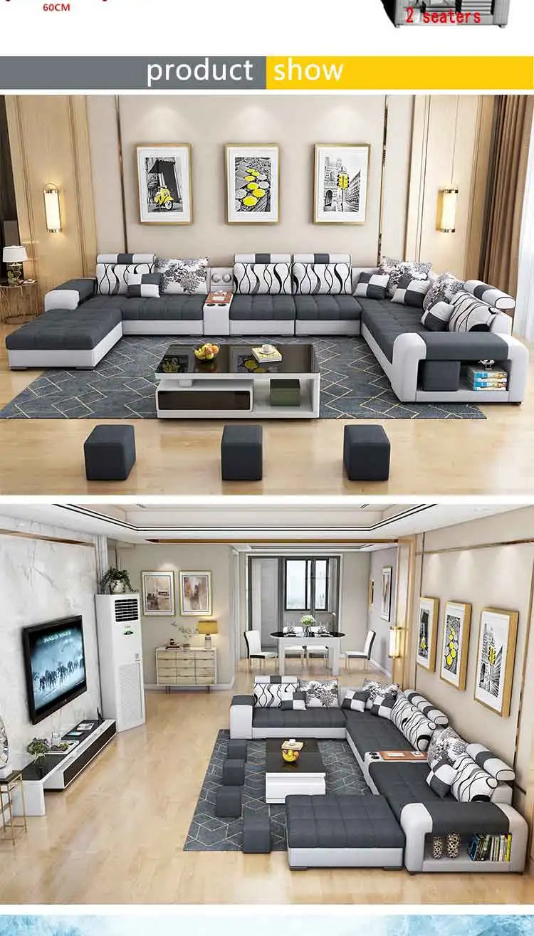 Modern Fabric Sofa Set Furniture Living Room Sofa Set with USB and Stools U Shape Cloth Couch Sofas for Home Furniture 1903