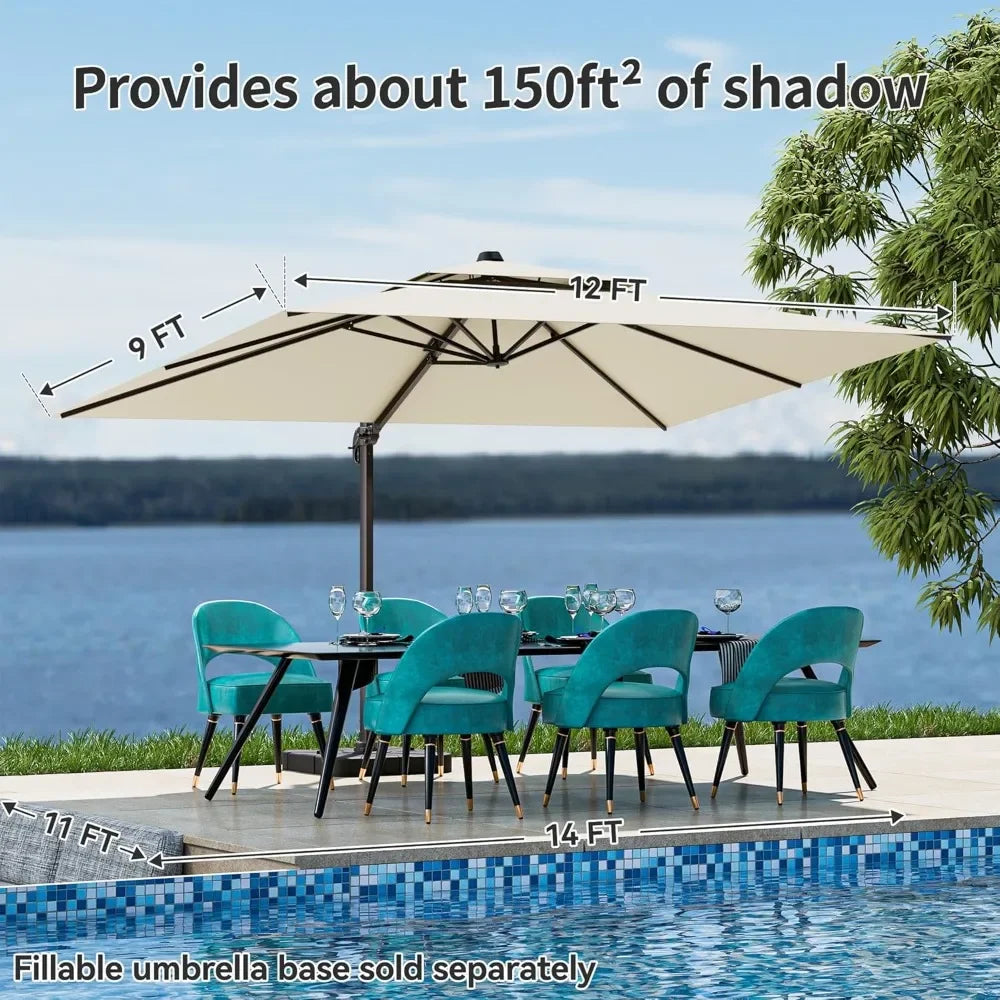 Large 9' X 12' Cantilever Patio Umbrella with 360° Rotation Heavy Duty Windproof Double Top Outdoor Rectangular Offset Umbrella