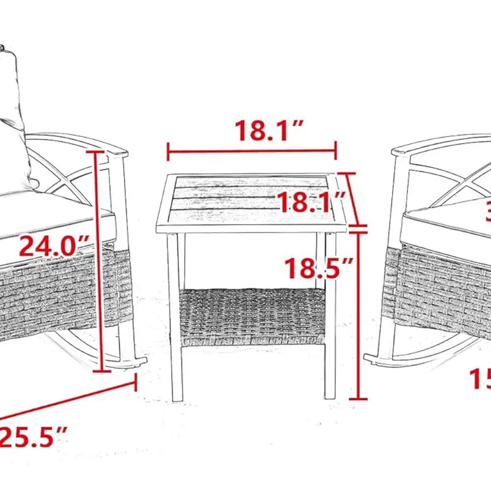Grey Cushioned Wicker Patio Furniture Set with 3 Rocking Chairs and Coffee Table for Garden, Lawn, and Backyard