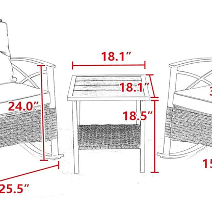 Grey Cushioned Wicker Patio Furniture Set with 3 Rocking Chairs and Coffee Table for Garden, Lawn, and Backyard