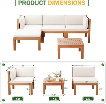 5 Pieces Acacia Wood Outdoor Sectional Sofa Set with Coffee Table, Outdoor L-Shaped Couch with All-Weather Cushion for Patio