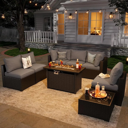 8 Piece Patio Furniture Set with 44” Fire Pit Table Wicker Rattan Patio Sectional Sofa Set Outdoor Seating Furniture with Thick