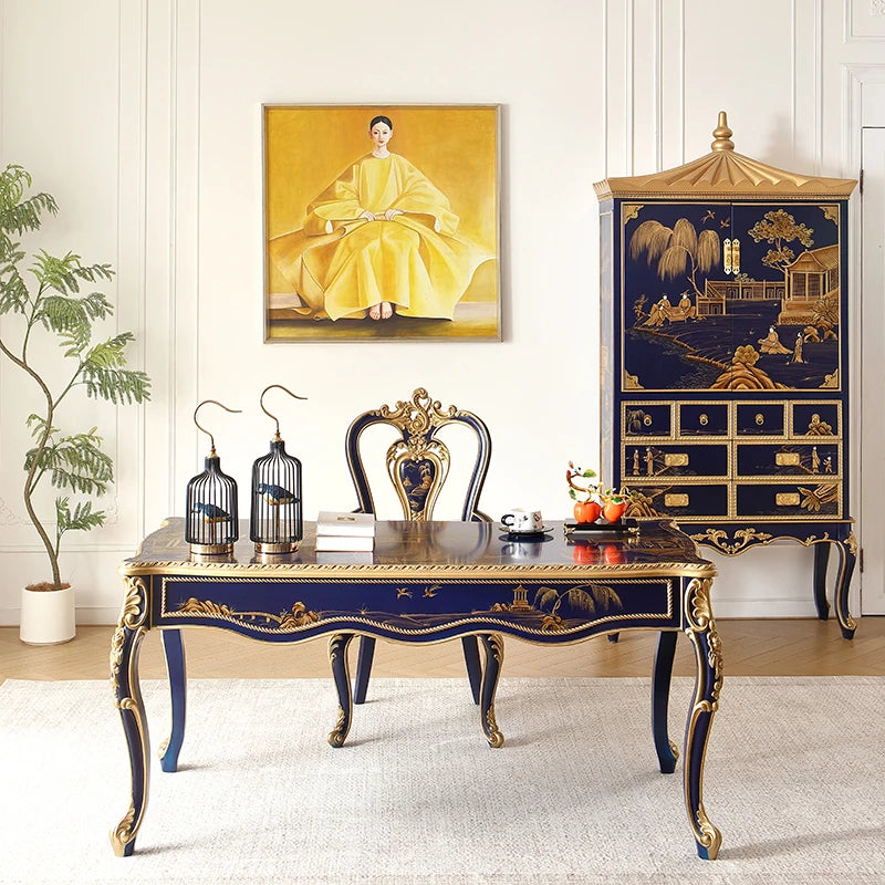 Royal Blue Hand-Painted Solid Wood French-Chinese Dining Set Dining & Study Dual Use