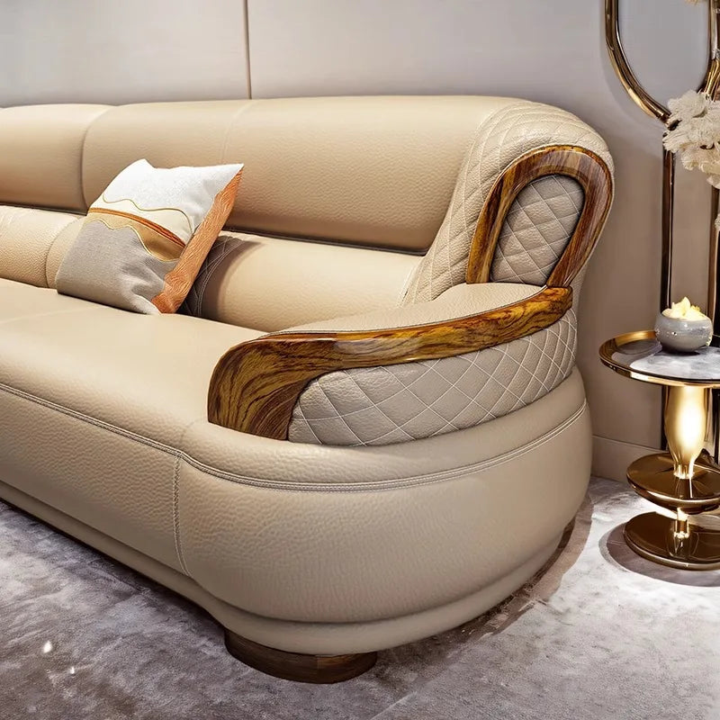 New Chinese style, leather, sofa, corner, modern, simple, solid wood, light luxury, living room