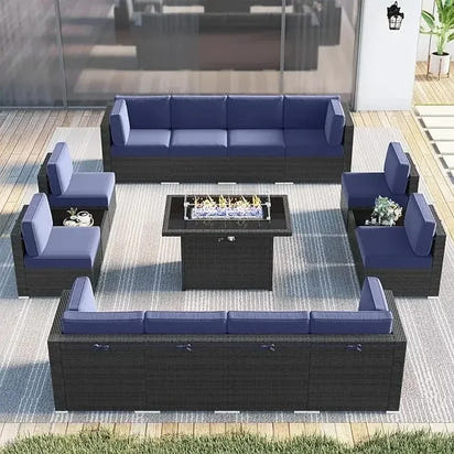 15-Piece Outdoor Wicker Rattan Sectional Sofa Set with Fire Pit Table and Coffee Table