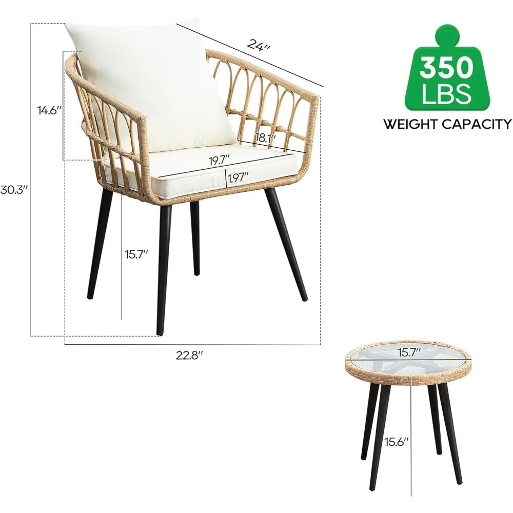 Patio Bistro Set, Outdoor Wicker Apartment Balcony Furniture Sets, Rattan Table and Chairs Set of 2 for Porch Backyard Lawn