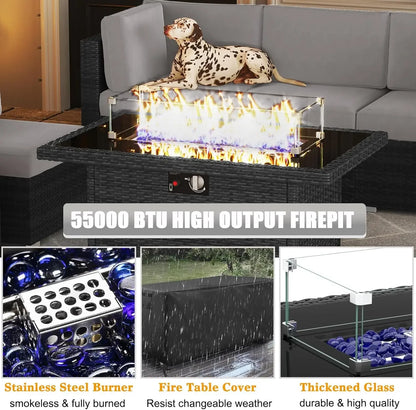 15 Piece Patio Furniture Set with Fire Pit Table, Outdoor Conversation Sets Wicker Rattan Sectional Sofa with Coffee Table