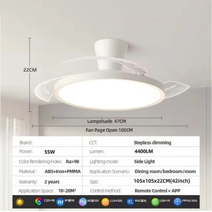 Modern Invisible Ceiling Fan with LED Light DC motor Large Air Volume Remote Control for Bedroom Dining room Electric fan