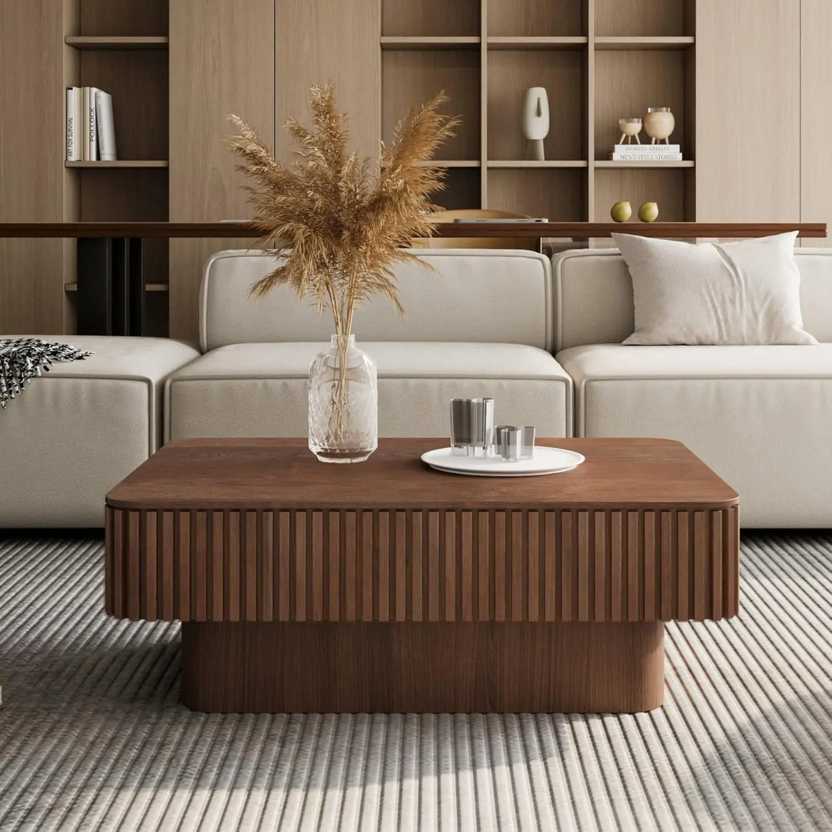 Lift Top Coffee Table For Living Room, Accent Fluted Coffee Table With Storage, Modern Solid Wood Veneered Rectangle Center Tea