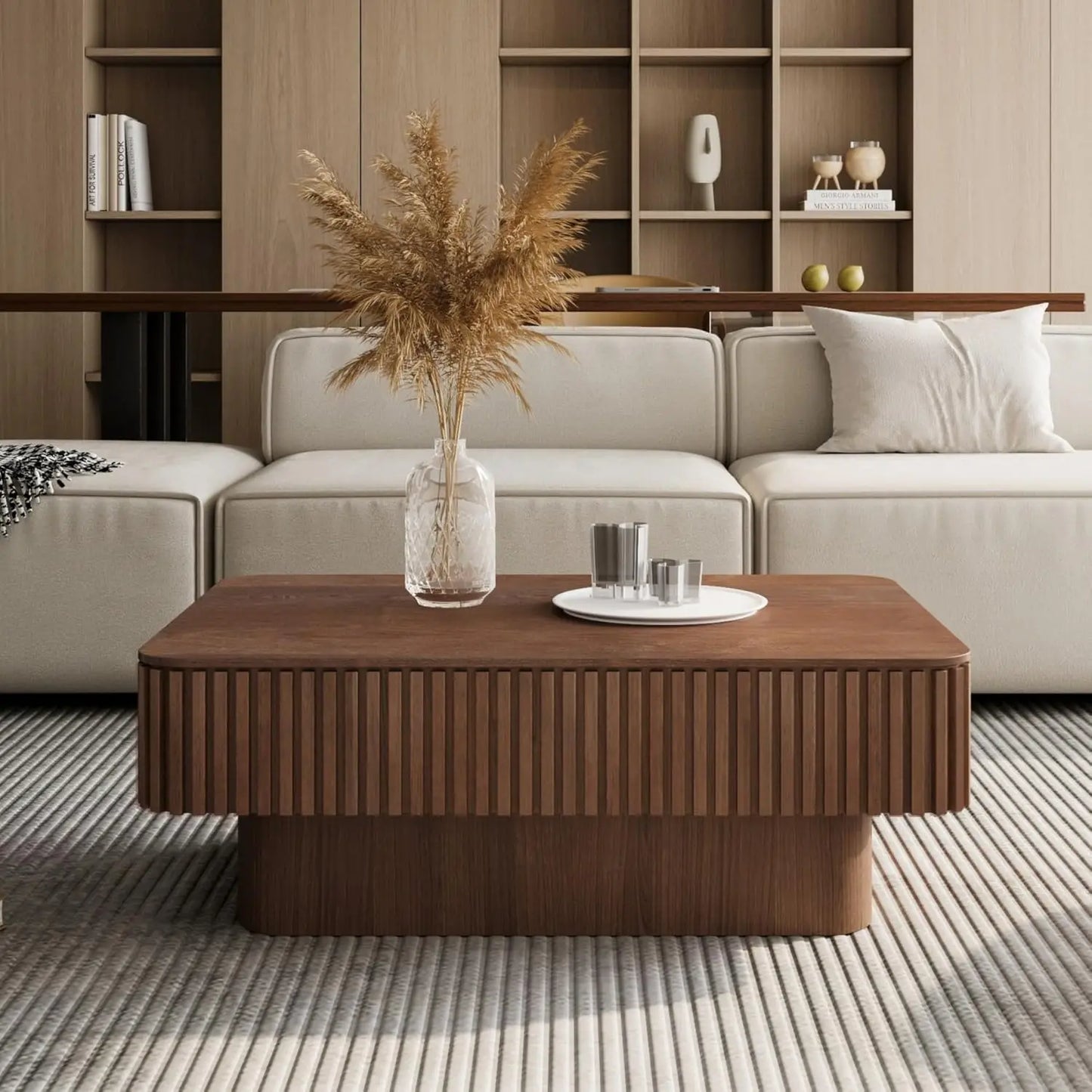 Lift Top Coffee Table For Living Room, Accent Fluted Coffee Table With Storage, Modern Solid Wood Veneered Rectangle Center Tea