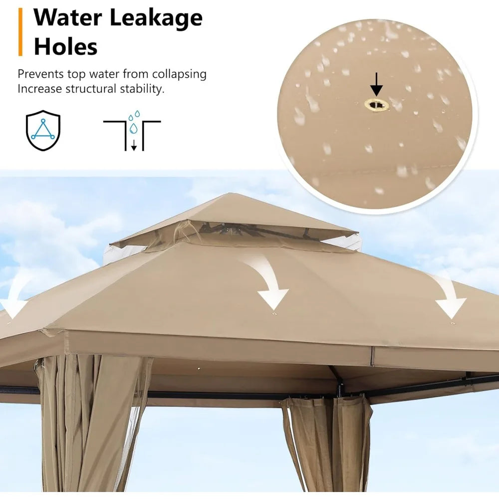Outdoor Patio Gazebo 11x13 - Double Roof Canopy with Mosquito Netting and Curtain for Backyard, Deck, Garden, Lawn, Khaki