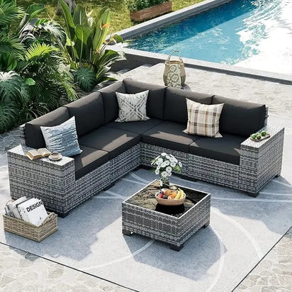 6-Piece Outdoor Wicker Sectional Sofa Set with 8-Inch Armrests, Waterproof Cover, and Coffee Table for Garden and Patio