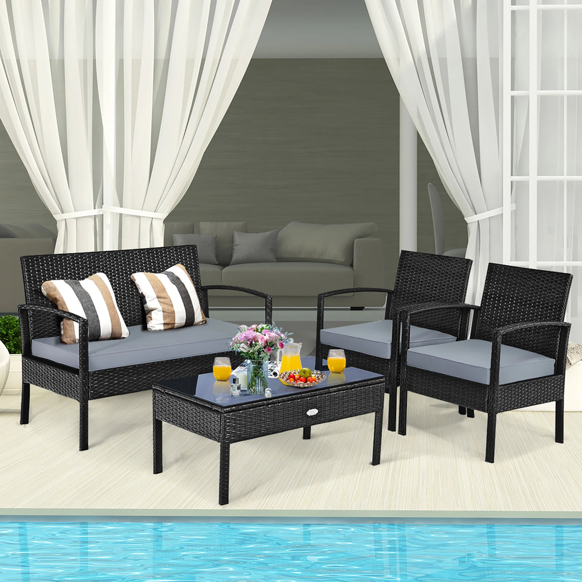 4pcs Outdoor Patio Rattan Wicker Set Table Sofa Cushioned Deck Black