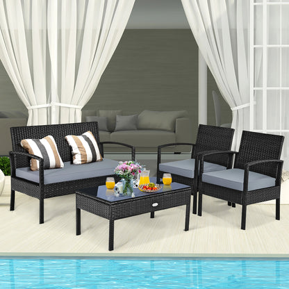 4pcs Outdoor Patio Rattan Wicker Set Table Sofa Cushioned Deck Black