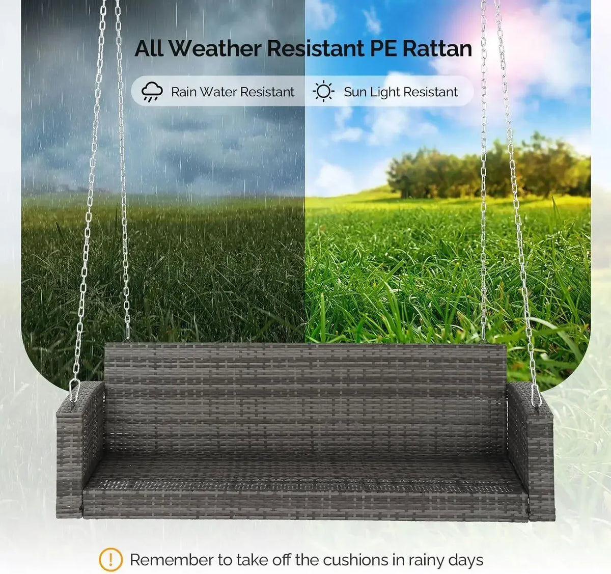 [XMSJ]Heavy Duty 800 LBS Wicker Hanging Porch Swing with Cushions & Chains, 5FT Outdoor Rattan Swing Bench for Garden, Yard, Law