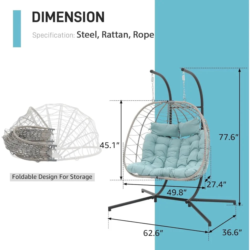 2 Person Double Egg Swing Chair with Stand Indoor Outdoor, Patio Wicker Rattan Hanging Egg Chair w/Cushion, Pillow, Fo