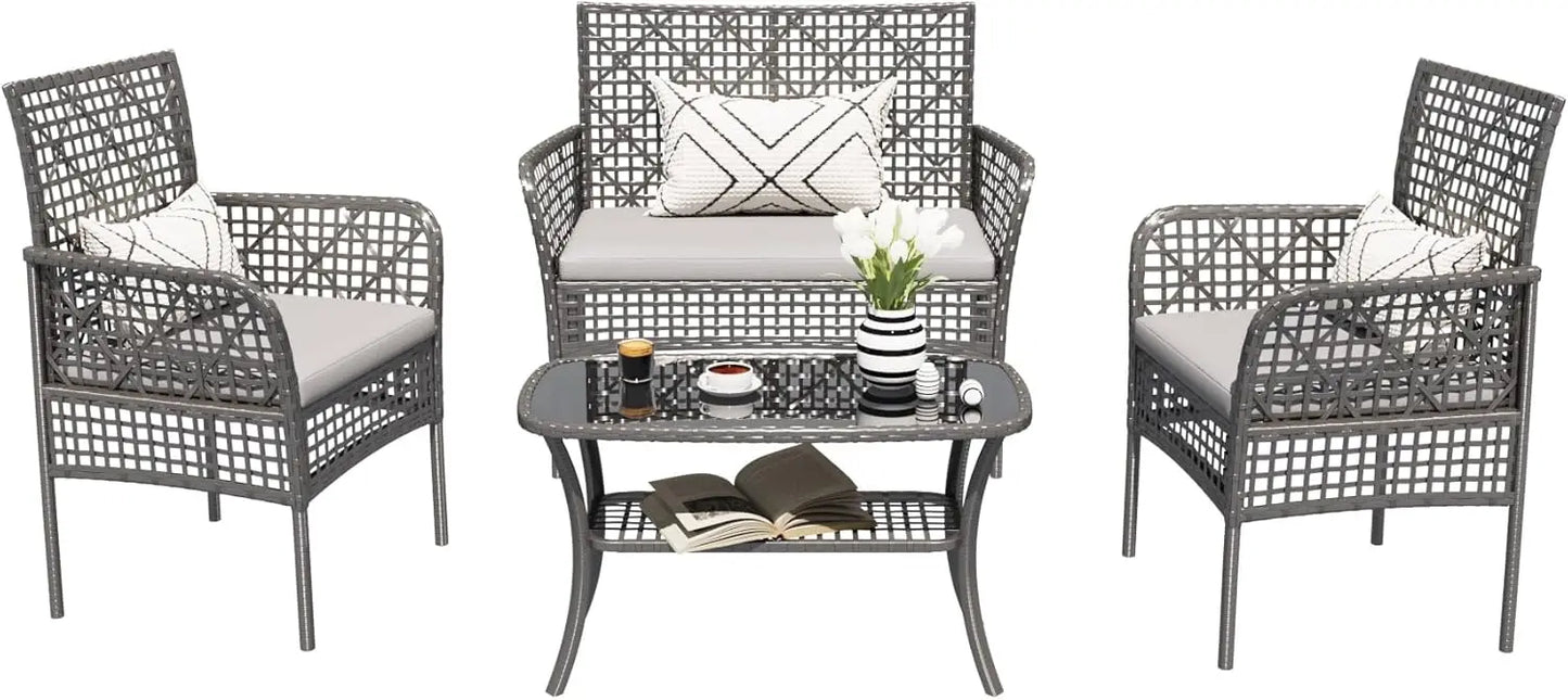 4 Pieces Outdoor Patio Furniture Set,PE Rattan Wicker Garden Conversation Chairs with Tempered Glass Table and Soft Cushions