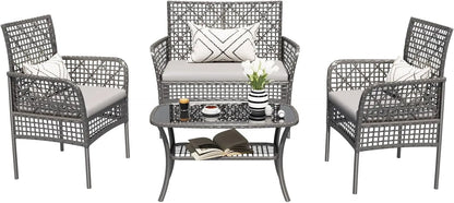 4 Pieces Outdoor Patio Furniture Set,PE Rattan Wicker Garden Conversation Chairs with Tempered Glass Table and Soft Cushions